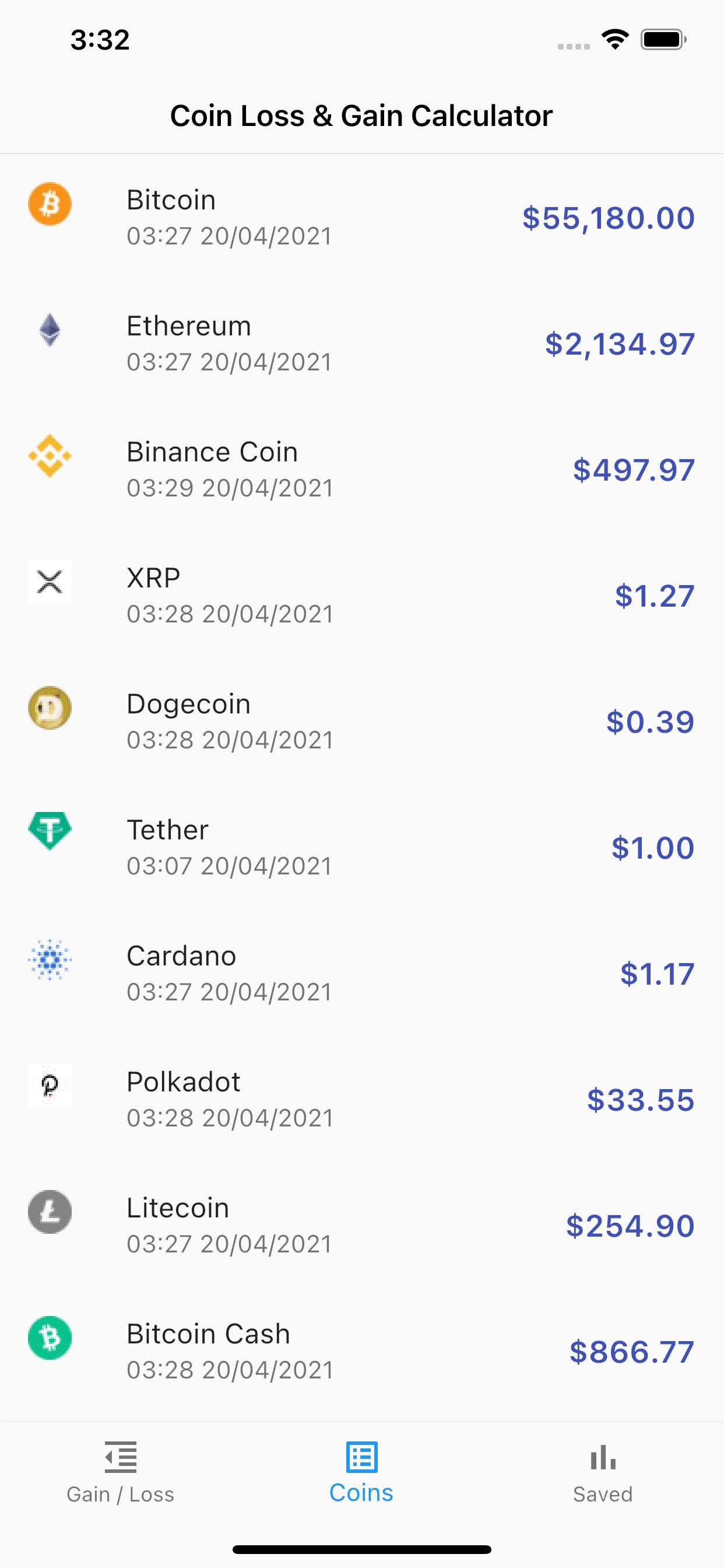 Crypto Loss Gain Calculator App build with Flutter
