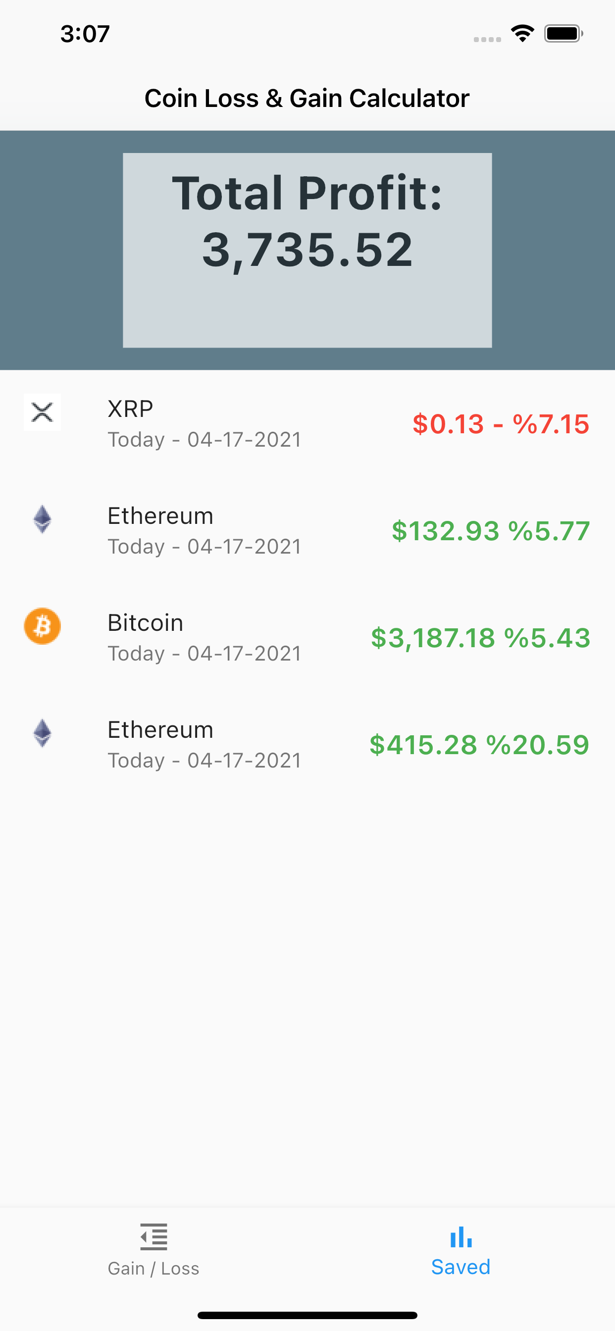 Crypto Loss Gain Calculator App build with Flutter