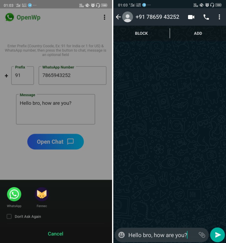 Simple tool to open WhatsApp chat without saving the number using flutter