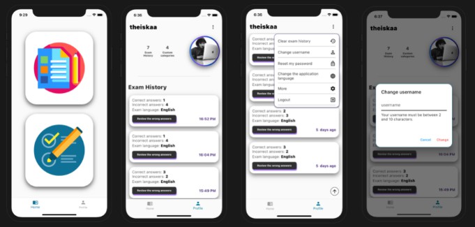 Exam and training app as social media developed with flutter