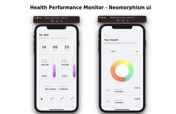 Health Performance Monitor ui design in a neomorphism effect built using Flutter