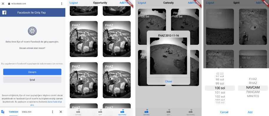 A Flutter app includes images gathered by NASA's Curiosity, Opportunity, and Spirit rovers on Mars