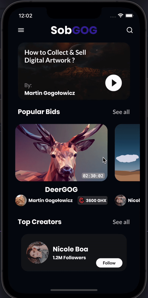 NFT Marketplace App UI with support for dark mode