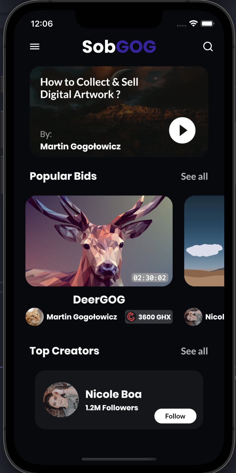 NFT Marketplace App UI with support for dark mode