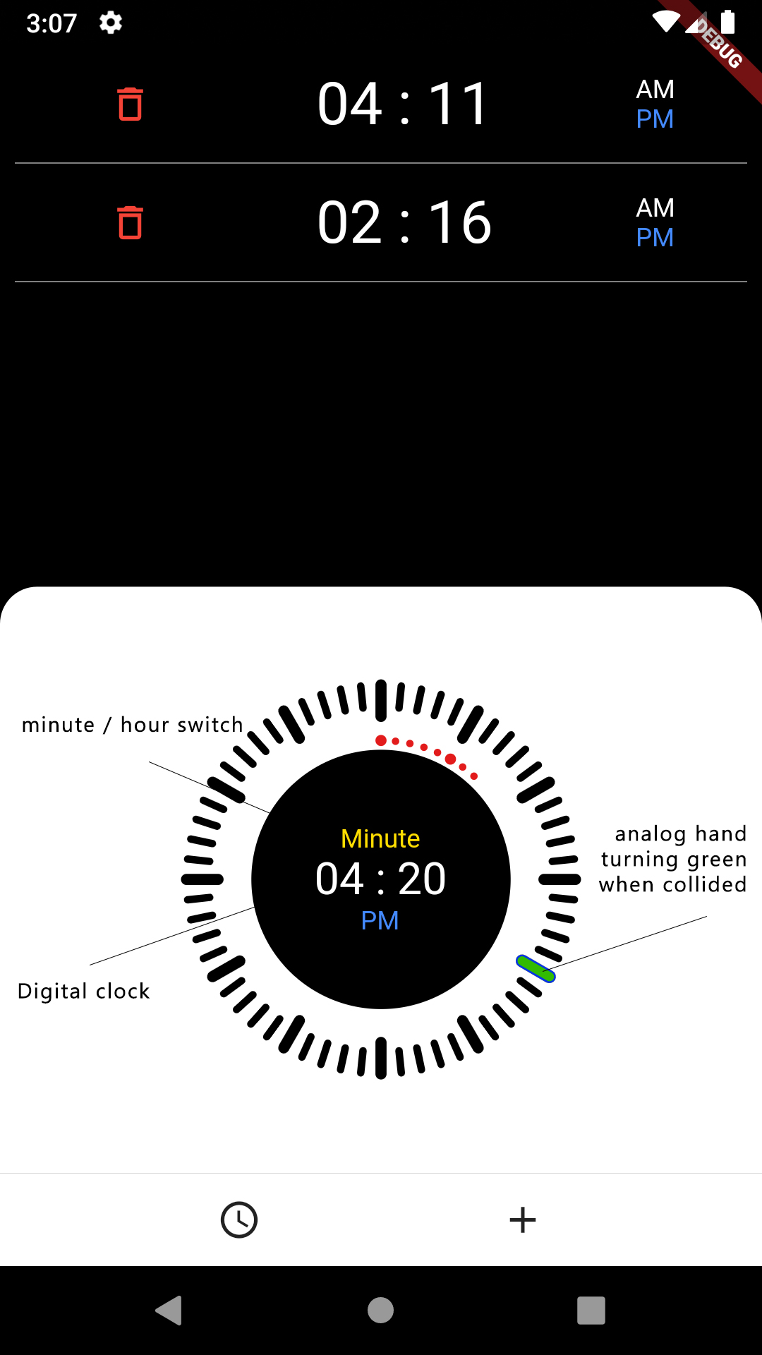 An alarm with analog clock face and digital indicator in the center for flutter