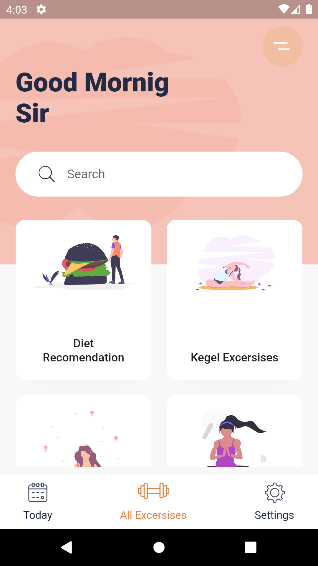 Flutter excersises app design with 2 design pages