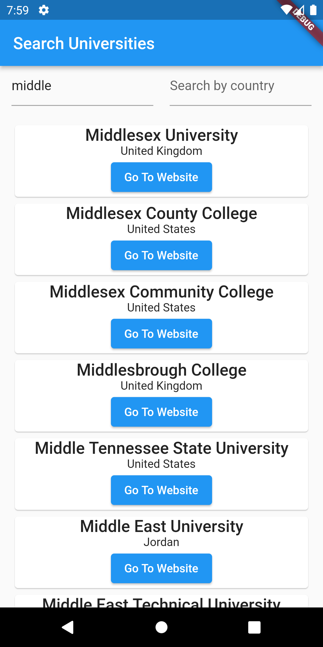 A Flutter mobile and web application that allows you to search for universities worldwide by name and country