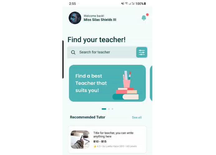 A Flutter teaching app design. People can search for teachers and filter them based on prices, gender, and age