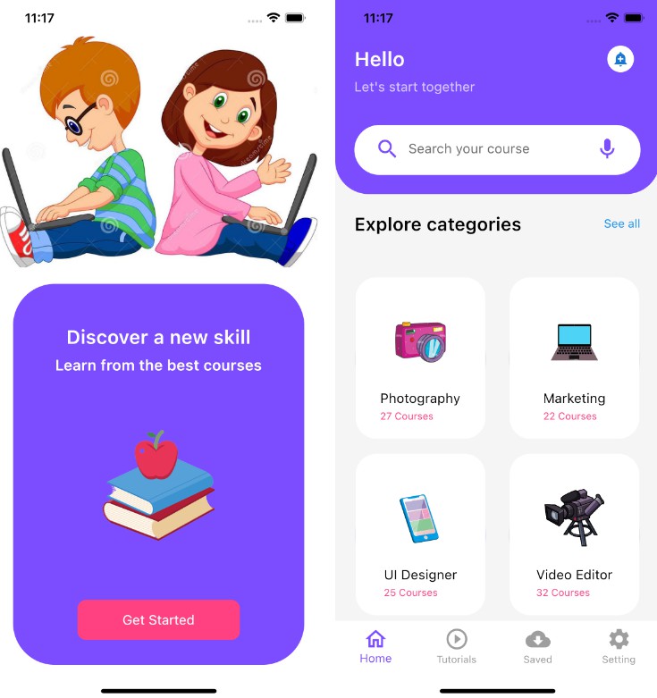 Flutter UI took kit to build an education/skill app for offering online tutorials