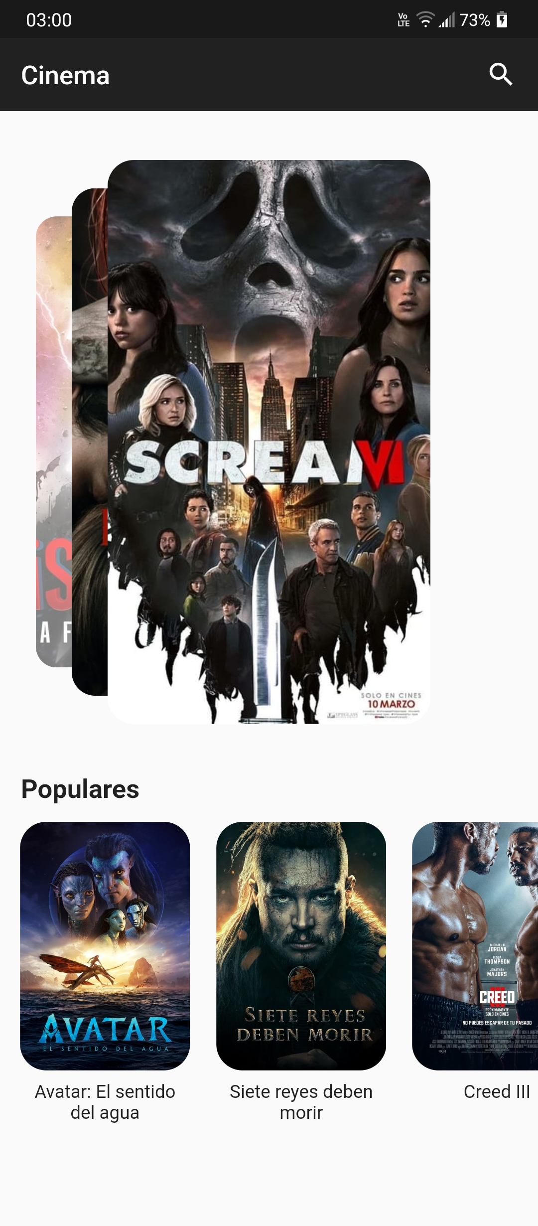 Flutter application that implements a Cinema informative catalog with many design shapes and effects