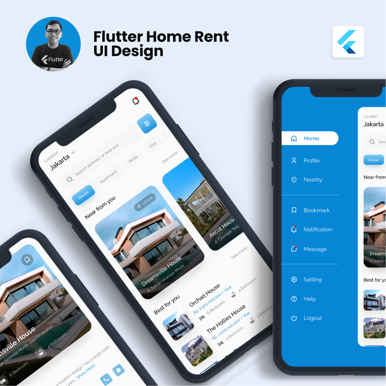 Flutter UI Real Estate Home Rent App UI Design with Drawer Animation