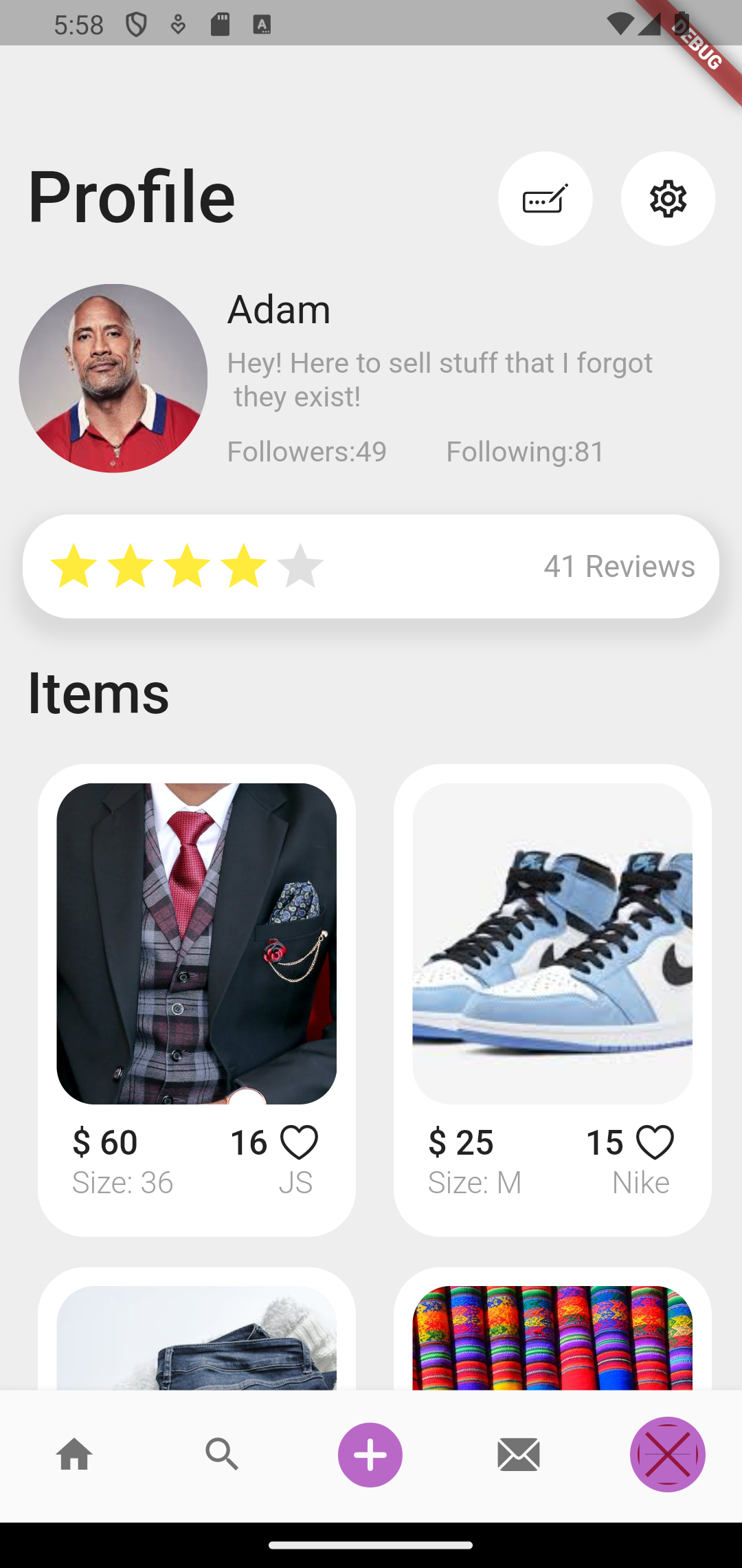 A fully functional UI of social media plus selling app with different pages for seller and user